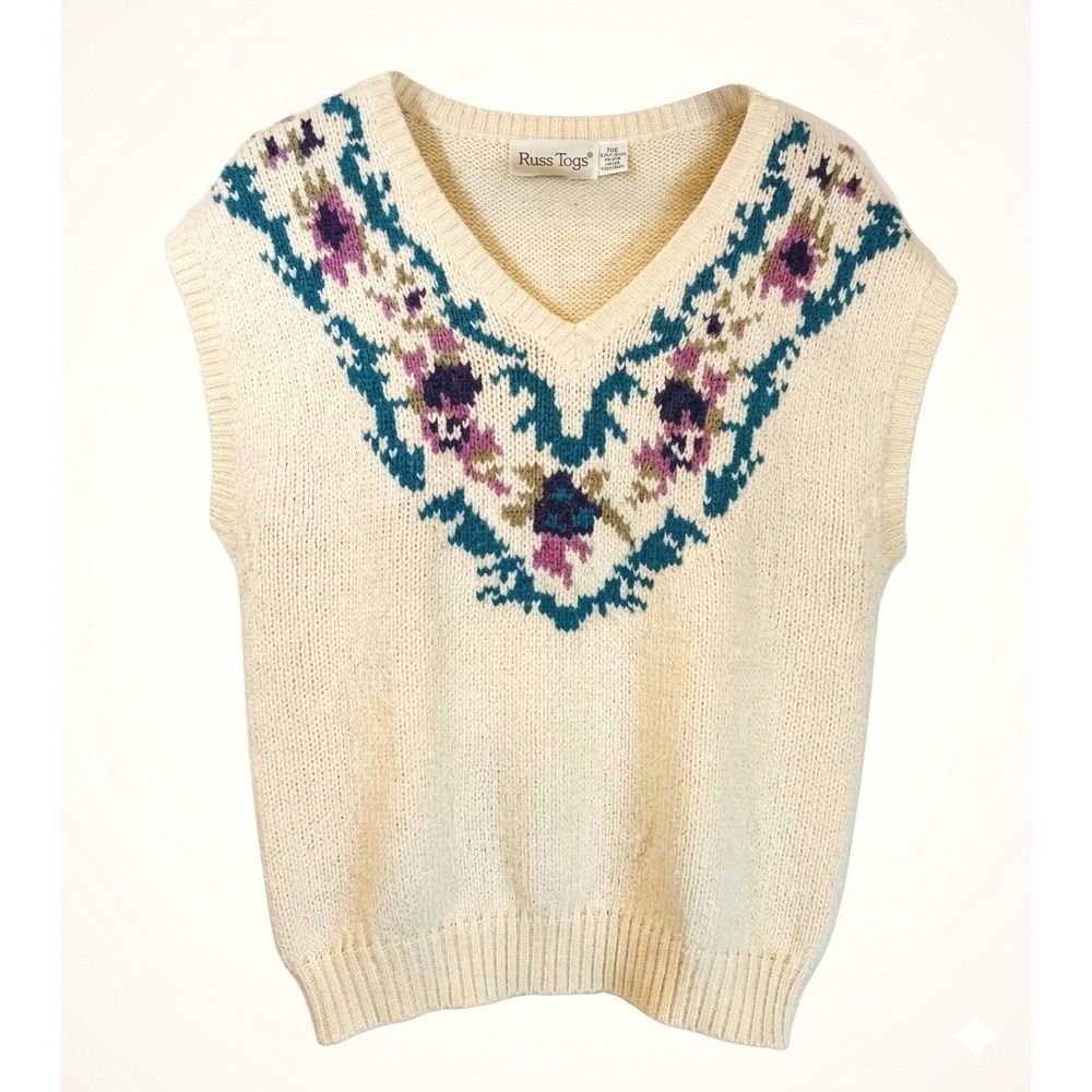 Russ Togs Vintage Floral Fair Isle V-Neck Sweater Vest Cream Wool Blend Womens M